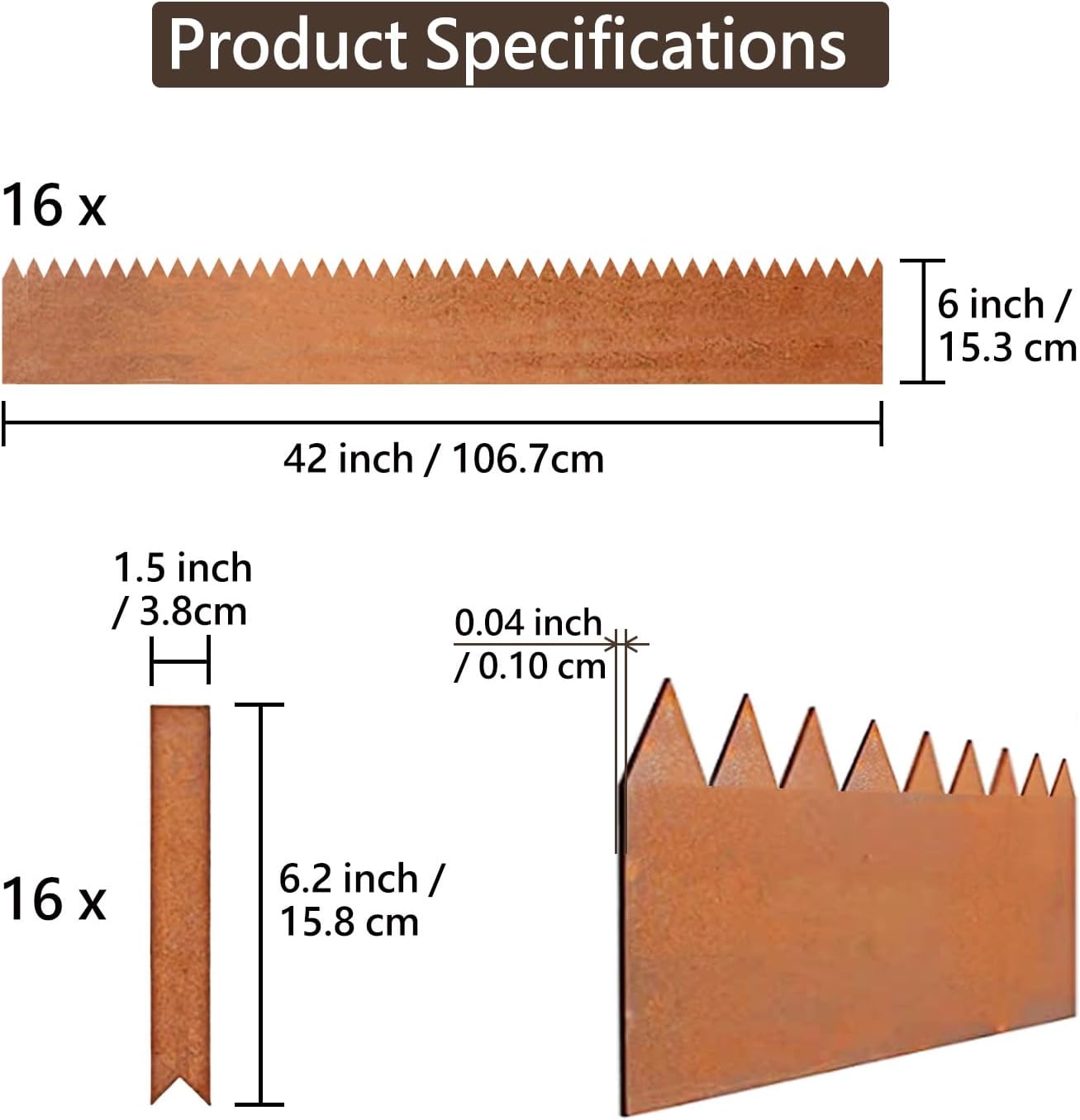 Cor-Ten Steel Landscape Edging with Rust Patina Finish, Pre-Rusted Cor-Ten Steel Landscape Edging, 42 inch Strips, 6 inch Depth (16 Pack)