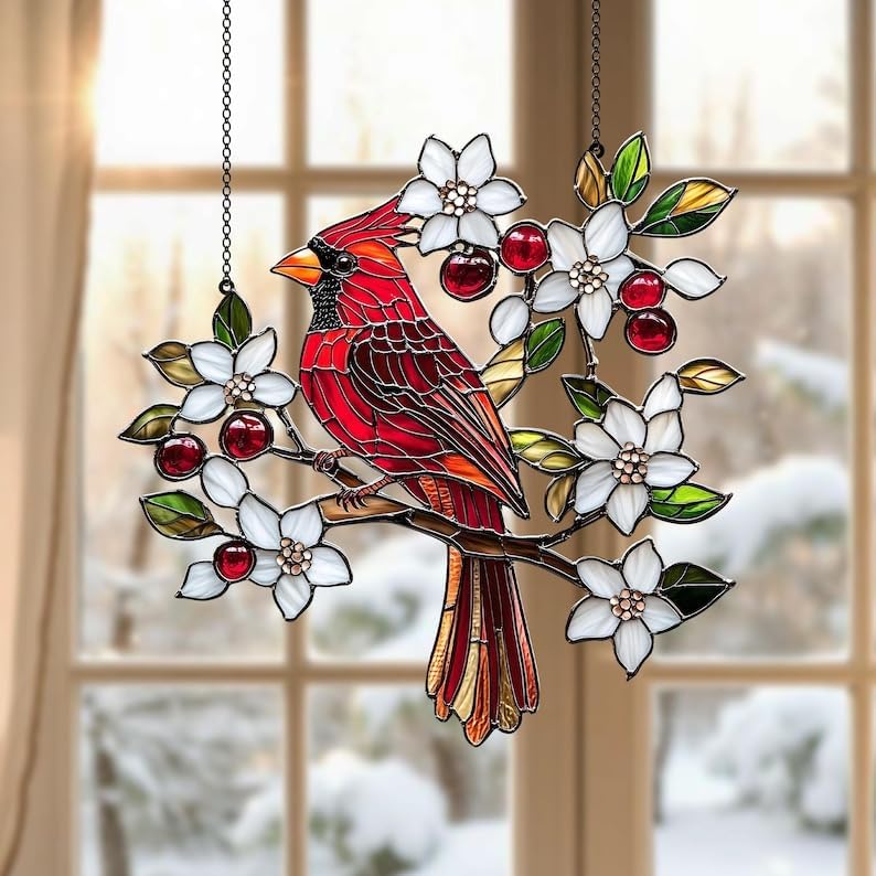 Cardinal Memorial Acrylic Suncatcher Stained Glass Effect Window Car Hanging Christmas Ornament Indoor Outdoor Decor Garden Sympathy Sun Catcher Panel for Family for Women Mom Grandma