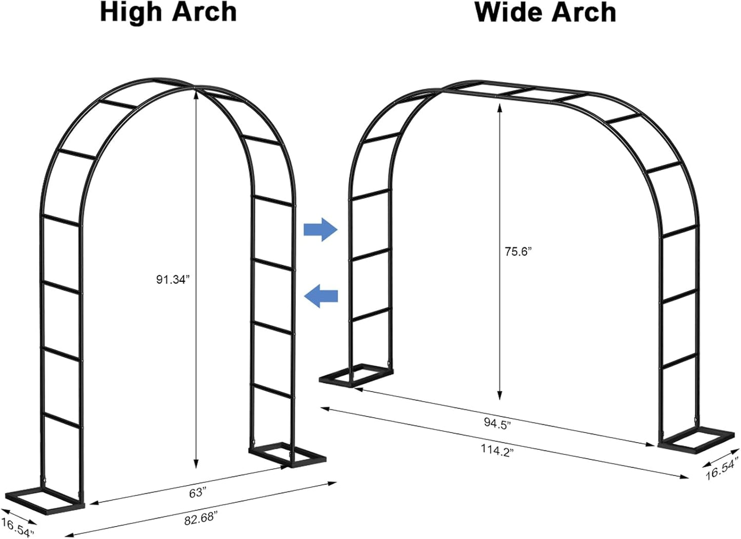 HEOMU Garden Arch Trellis, Metal Garden Arbor with Base, 5.3'W x 7.6'H or 7.9'W x 6.3'H, Assemble Freely 2 Sizes, Arch Trellis for Climbing Plants Outdoor Wedding Bridal Party Decoration, Black