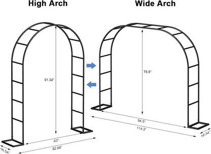 HEOMU Garden Arch Trellis, Metal Garden Arbor with Base, 5.3'W x 7.6'H or 7.9'W x 6.3'H, Assemble Freely 2 Sizes, Arch Trellis for Climbing Plants Outdoor Wedding Bridal Party Decoration, Black