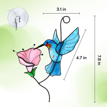 Handmade Stained Glass Hummingbird Suncatcher, Blue Bird with Pink Flower Window Hanging Decor, Art Glass Ornament, Unique Gifts for Mom, Bird Lovers & Home Decoration