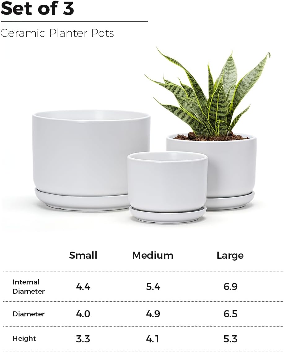 Ton Sin Plant Pots, 4.1+5.1+6.5 inch, Set of 3, Ceramic Planters with Drainage Hole and Saucer, Indoor Flower Pot with Drainage Hole, Gifts for Mom(Matte White)