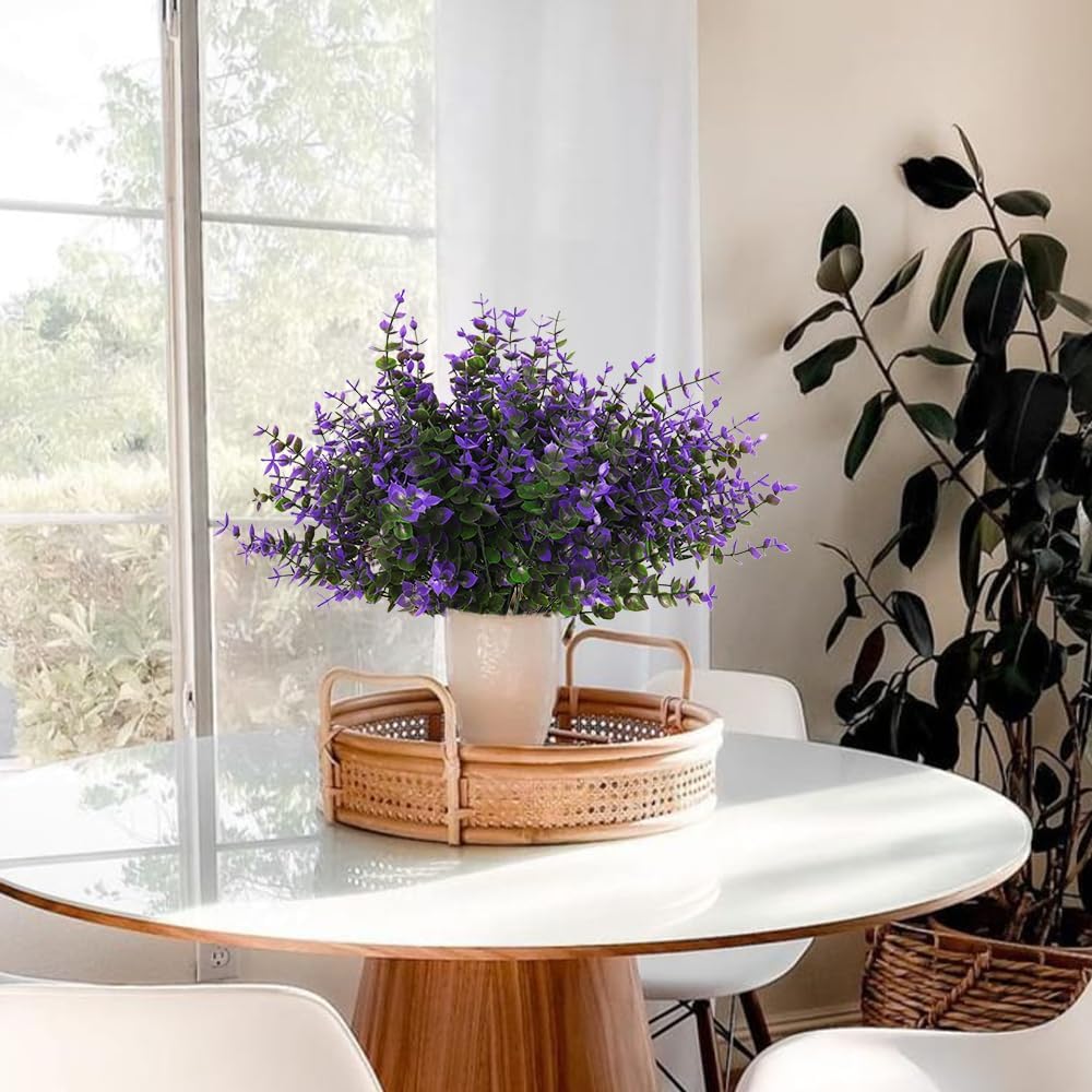 RECUTMS Artificial Fake Outdoor Plants Flowers for Spring Decoration, Faux Plastic Plants Outdoor Flower UV Resistant Realistic for Home Outside Planter Window Porch Patio Garden(Purple Eucalyptus)