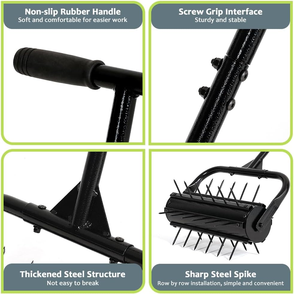 KELIXU Lawn Aerator Tool, 17” Manual Lawn Aerators Roller, Heavy Duty Rolling Lawn Air Aerator Tool with Spike Row, 58.5” H Grass Lawn Aeration Tool, Yard Tools for Garden, Cropland to Loose Soil