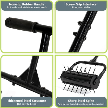 KELIXU Lawn Aerator Tool, 17” Manual Lawn Aerators Roller, Heavy Duty Rolling Lawn Air Aerator Tool with Spike Row, 58.5” H Grass Lawn Aeration Tool, Yard Tools for Garden, Cropland to Loose Soil