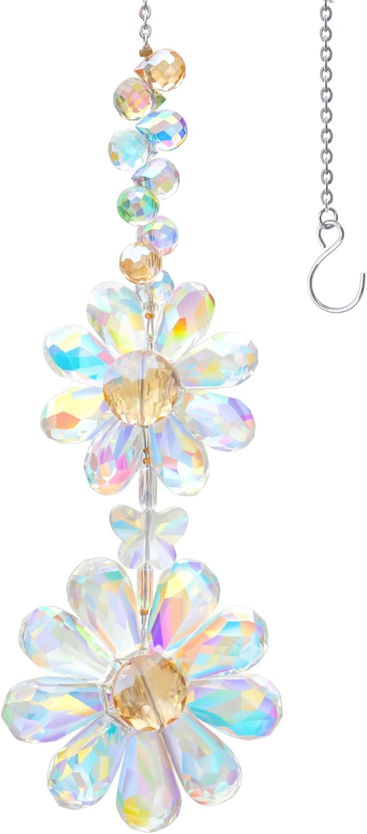 Crystal Flower Suncatcher Hanging Ornament, Rainbow Maker Window Sun Catcher Indoor Outdoor Patio