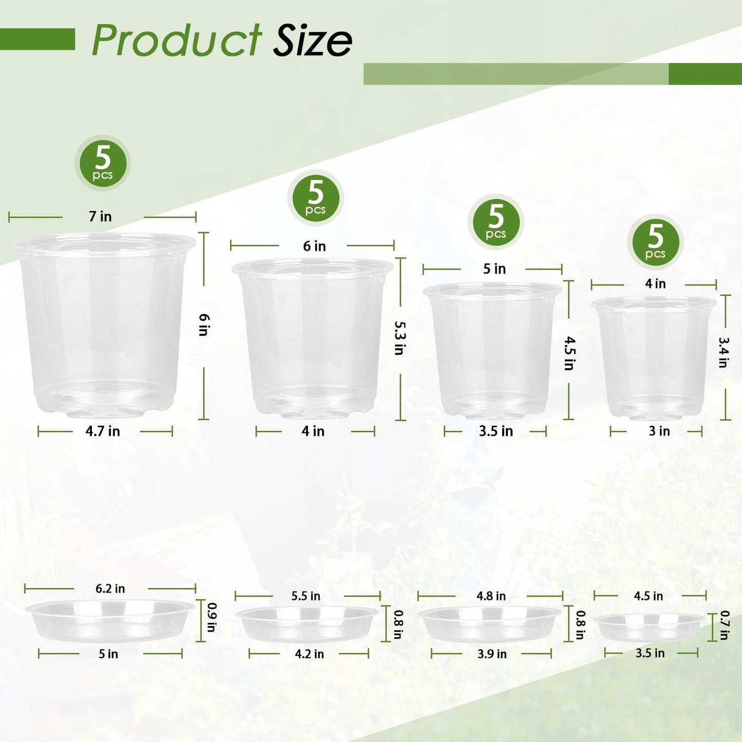 FUIJOL 4/5/6/7 Inch Clear Nursery Pots for Plants with Sacuers 20 Pack, Plastic Flower Pots with