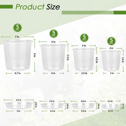 FUIJOL 4/5/6/7 Inch Clear Nursery Pots for Plants with Sacuers 20 Pack, Plastic Flower Pots with