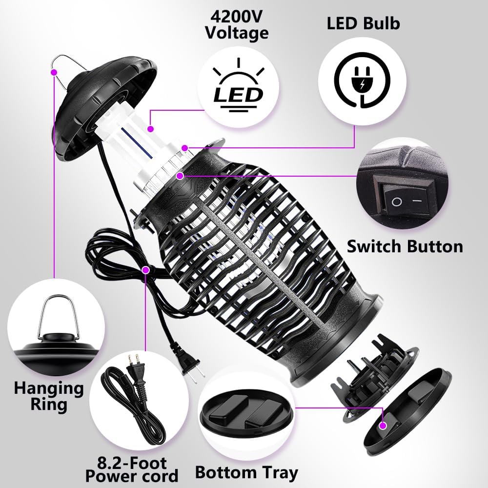 Bug Zapper Indoor Outdoor, 4200V Mosquito Zapper, 15W Fly Zapper, Mosquito Killer, Fly Traps, Flying Insects Zapper Indoor Outdoor,
