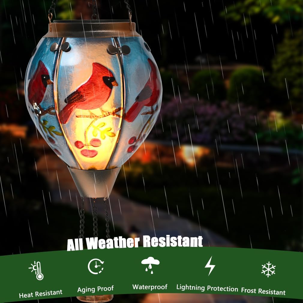 Hot Air Balloon Solar Lantern - Cardinal Bird Glass Lantern, Simulated Flickering & Dancing Flame, Outdoor Hanging Yard Light Waterproof IP65 for Patio Lawn Porch Decor Gift