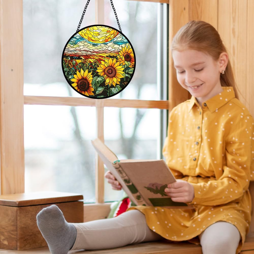Sunflower Stained Glass Window Hanging, Flower Sun Catcher Panel Decoration, Yellow Floral Hanging Ornament, Sunflower Glass Ornament Birthday Party Decorations, Flower Ornament Gifts for Housewarming