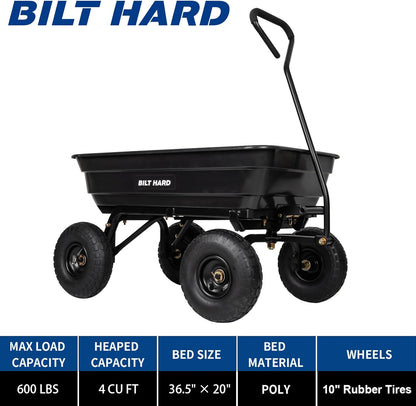 BILT HARD 600 lbs Poly Garden Dump Cart with 180° Rotating Handle, 4 Cu.Ft. Capacity Heavy Duty Wheelbarrow Garden Carts for Yard, Outdoor
