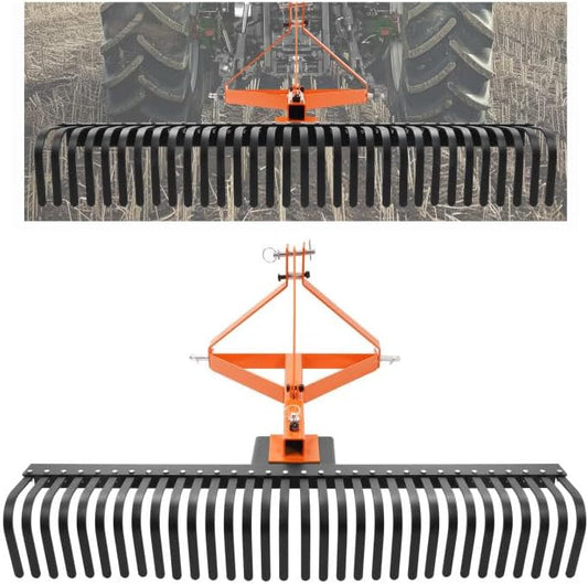 KUAFU 60 in Landscape Rake, 3 Point Rake Compatible with Category-1 Tractor, 360 Degree Rotation Tow-Behind Garden Tool for Compact Tractors for Farm, Garden, Clearing Brush, Raking Arenas 2 Package