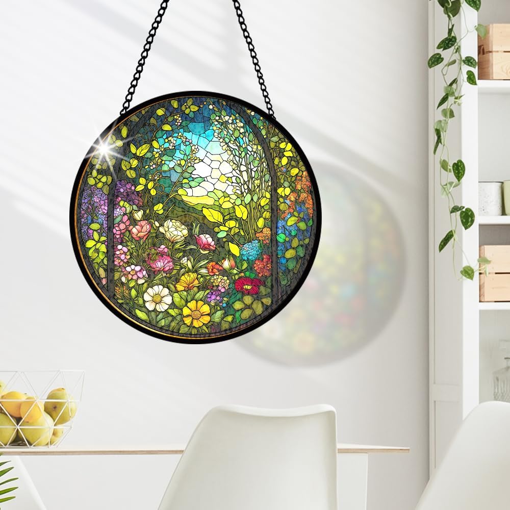 Blooming Flower Stained Glass Window Hanging, Floral Stained Glass Window Hanging, Suncatcher Panel Decorations, Floral Glass Ornament for Indoor Outdoor Wall, Garden Decor Gifts for Housewarming