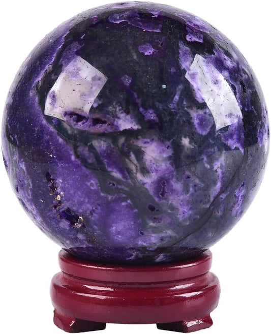 JIC Gem 3.1-3.5 inch(80-90mm) Large Purple Moss Agate Crystal Sphere Quartz Crystal Ball with Stand Healing Ornament Witchcraft Meditation Decor