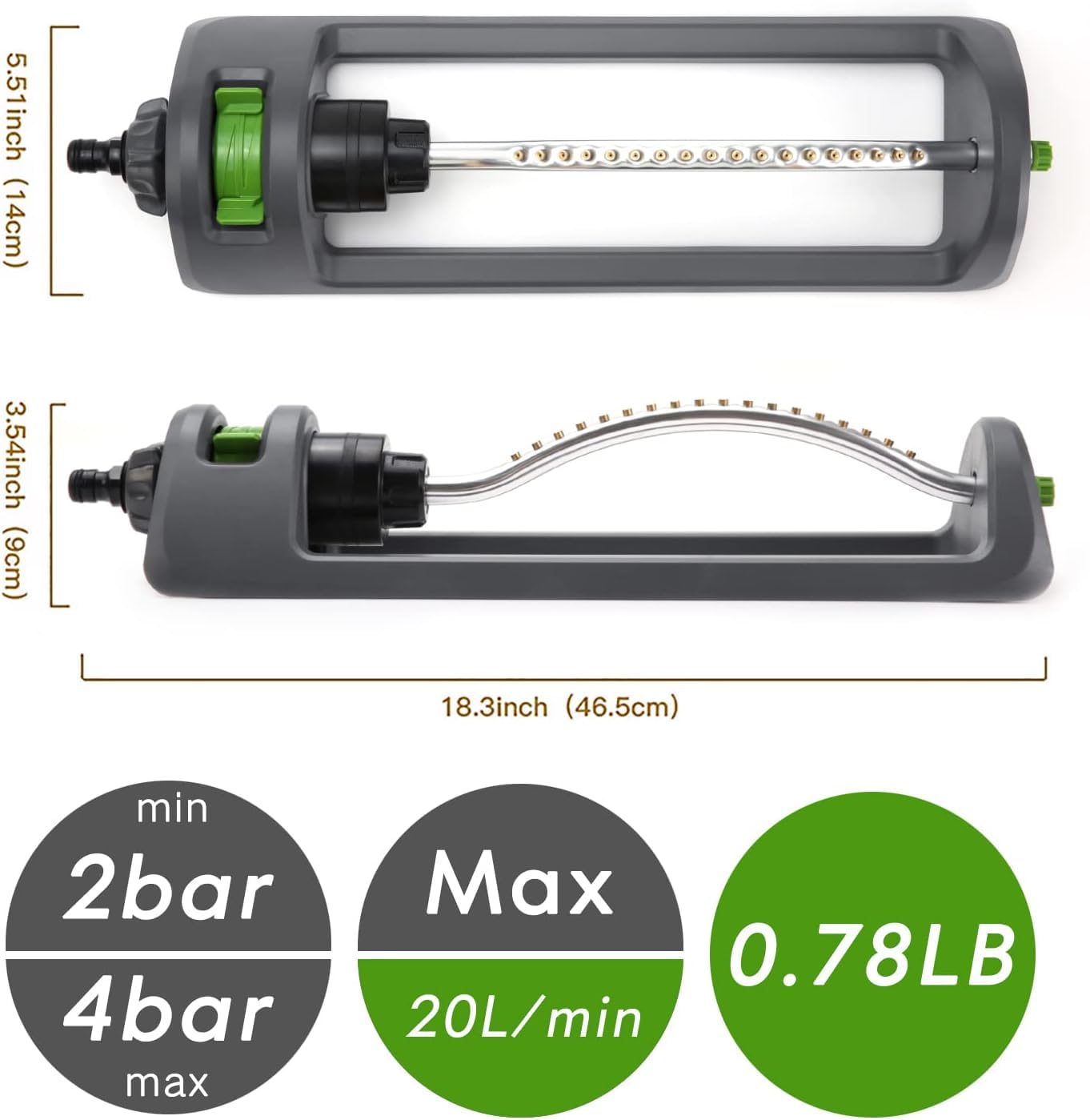 Lawn Sprinkler, 18-Hole Brass Nozzle Oscillating Sprinkler, Garden Tool for Lawns up to 3,600
