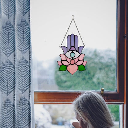 Hamsa Hand Decor Stained Glass Window Hangings,Lotus Flower Suncatchers for Windows Amulet Meditation Home Decor,Spiritual Gift for Women,Baptism Blessing Housewarming Gift