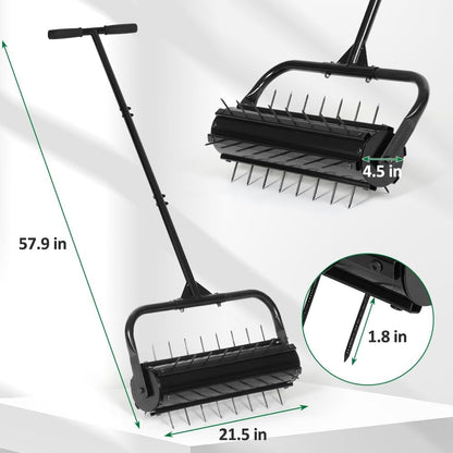 SMONTER Manual Lawn Aerator, 22” Heavy Duty Rolling Aerator Lawn Tool for Yard Garden, Aeration Tool with Spike Soil Penetrator