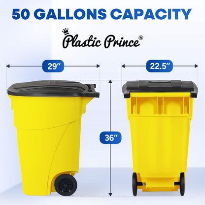 50 Gallon Trash Can, Yellow Outdoor Garbage Can, Large Outside Trash Bin, Rolling Commercial Container Outdoor Trash Can with Lid and Wheels for Back of House, Office, Warehouse, Garage