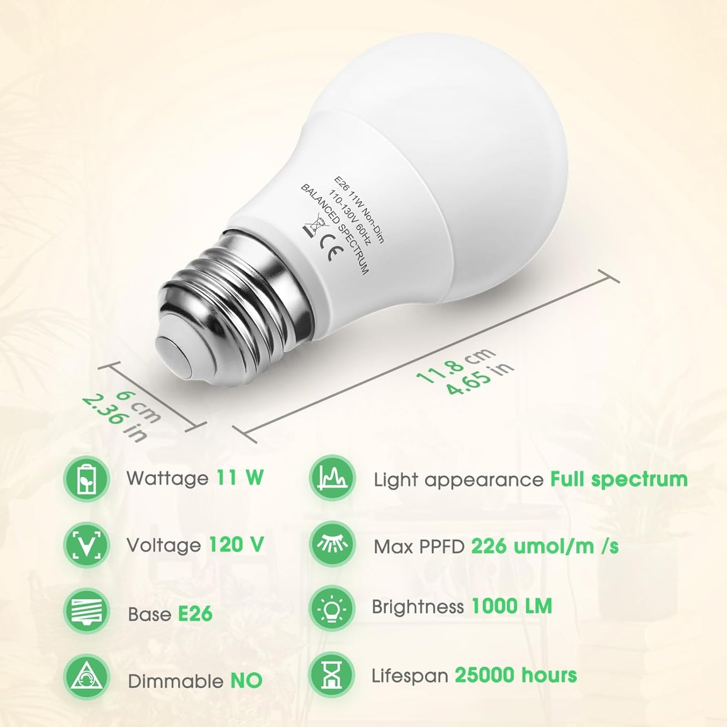 LED Grow Light Bulb, A19 Full Spectrum, 11W (100W Equivalent), E26 Base, for Indoor Plants, Seed Starting, and Growing, 2-Pack
