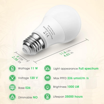 LED Grow Light Bulb, A19 Full Spectrum, 11W (100W Equivalent), E26 Base, for Indoor Plants, Seed Starting, and Growing, 2-Pack