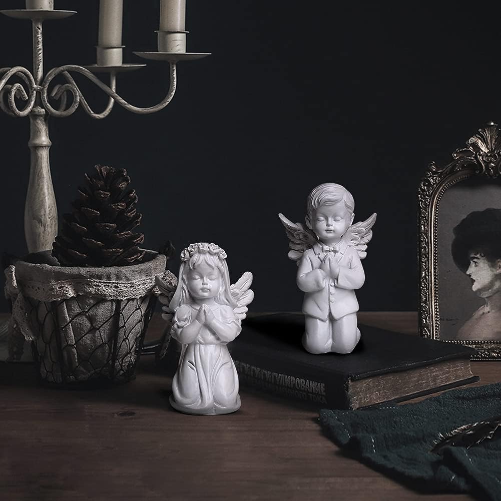 YUEOECOR 2PCS Cherubs Angels Resin Garden Statue Figurine, Adorable Angel Sculpture Memorial Statue Indoor Outdoor Home Garden Decoration (A 2PCS White)