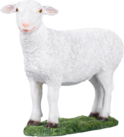 White Standing Lamb Garden Statue, Decorative Resin Sheep Figurine on Grass Base, Farmhouse Animal Outdoor Decor