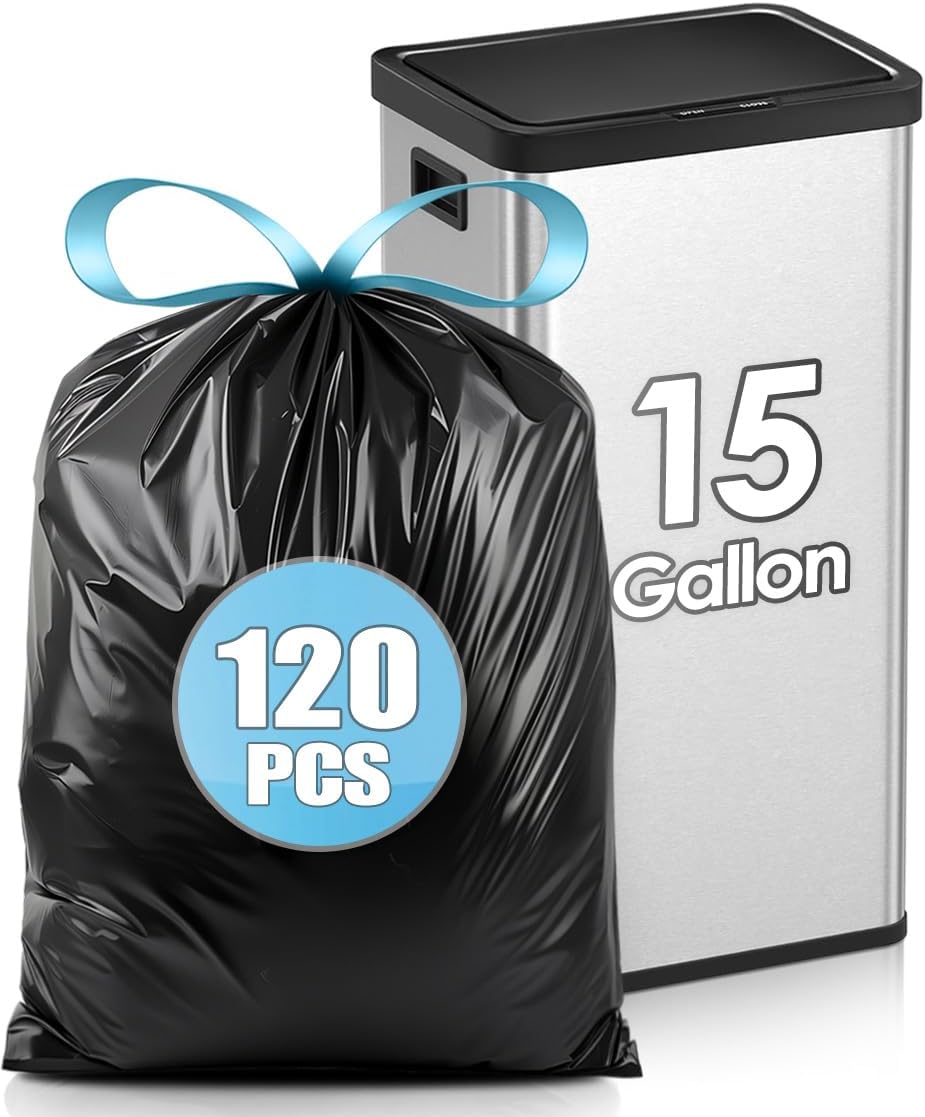 Teivio 15-16 Gallon 120 Counts Strong Tall Kitchen Drawstring Trash Bags, Medium Plastic Garbage Bags for Home Kitchen Garden Office Tall Trash Can, Black Waste Bin Liners