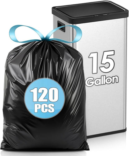 Teivio 15-16 Gallon 120 Counts Strong Tall Kitchen Drawstring Trash Bags, Medium Plastic Garbage Bags for Home Kitchen Garden Office Tall Trash Can, Black Waste Bin Liners