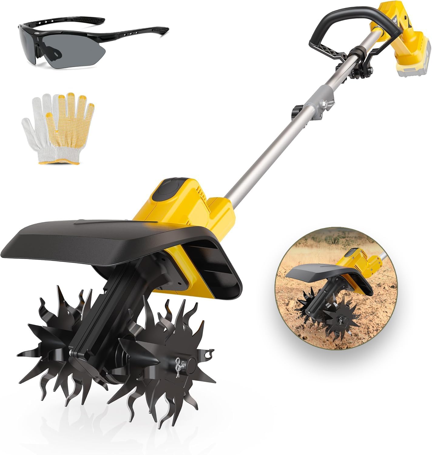 Cordless Tiller Cultivator Compatible with Dewalt 20V Battery(Tool Only), Electric Garden Tiller w/360 RPM, 9In Tilling Width and 6.6In Depth Garden Rototiller for Lawn/Soil Cultivation