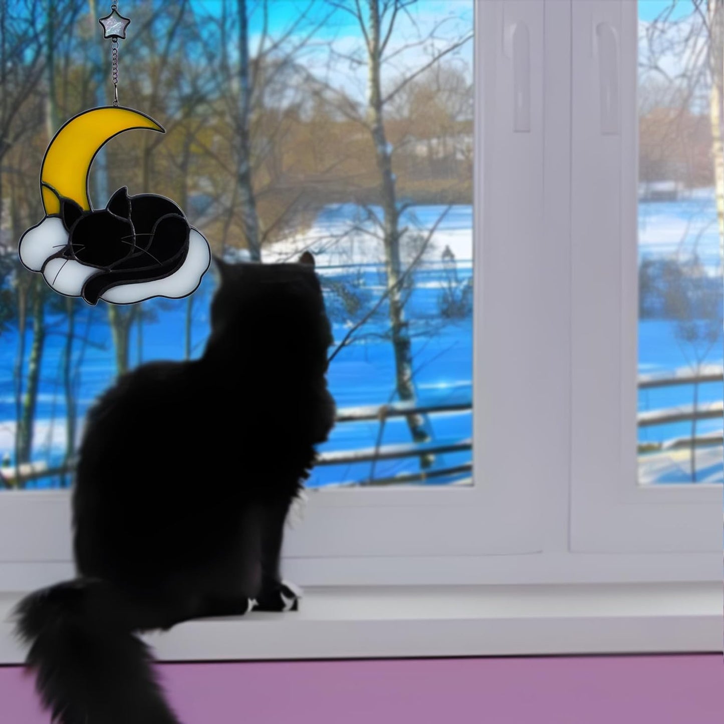 Sleeping Cat Stained Glass Windown Hanging,The Black cat Sleeping Under The Companionship of Stars and Moon,Beautiful Handcrafted Sun Catcher Gifts for Daughter,Mothers Day,Christmas and Cat Lover