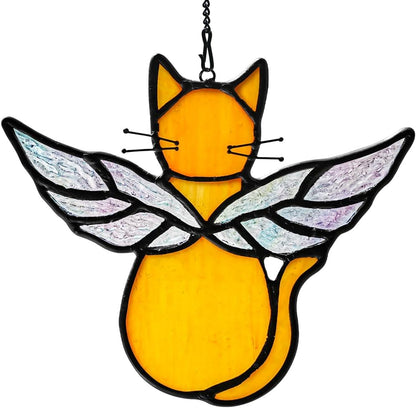 Orange Cat Memorial Gift Stained Glass Suncatcher,Angel Cat Decor Stained Glass Window Hangings,Loss of Cats Sympathy Gifts for Catss Lover,Pet Memorial Gifts for Women