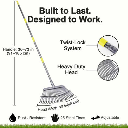 Leaf Cleanup Kit - Adjustable Metal Rake (36-73 in), 32-Gallon Self-Standing Yard/Garden Waste Bag with Support Hoop, Oversized Leaf Scoops (Leaf Claws) & 2 Pairs of Latex-Coated Gardening Gloves