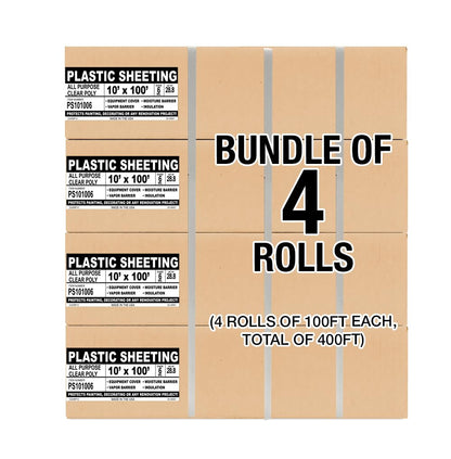Aluf Plastic Sheeting - 4 Rolls of 10' x 100', 6 MIL Heavy Duty Gauge - Clear Vapor and Moisture Barrier Sheet Tarp/Drop Cloth for Painting, Furniture Covers, Carpet Cover, Floor, Paint, Painters