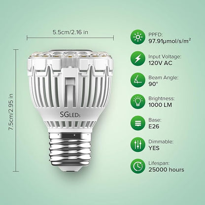 Dimmable Grow Light Bulb for Indoor Plants, Full Spectrum with Remote Control, Auto On Off Timing 4 8 12 Hrs, 10W PAR20 (150 Watt Equiv) Grow Lamp with Optical Lens for High PPFD, Energy Saving