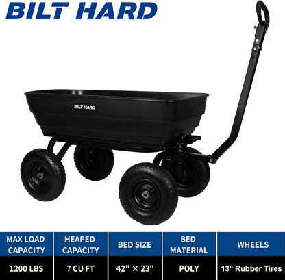 BILT HARD 1200 lbs 7 Cu Ft Poly Garden Dump Cart with 2-in-1 Convertible Handle, No Flat Tires, Quick Release, Dump Wagon Heavy Duty for Yard, Outdoor