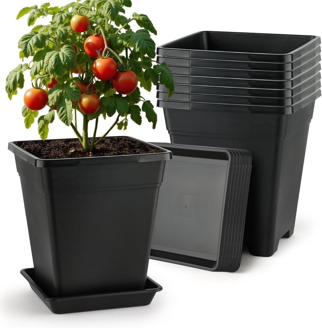 BTPLASTIK 9 Inch Square Planters for Indoor Plants, 8 Pack Large Plastic Plant Pot with Drainage & Saucer, 3 Gallon Modern Decorative Thick Outdoor Garden Container for Potted Plants