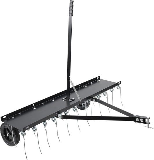 Tow Behind Aerator, 40 inch Lawn Pull Dethatcher with 20 Spring Steel Tines and Lift Handle for Outdoor Yard Care, Lawn Sweeper to Remove Thatch, Leaves and Pine Needles, Black