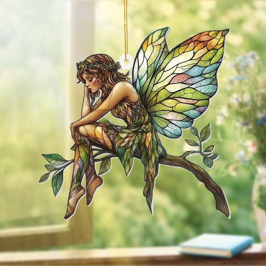 Stained Glass Fairy Ornament – Acrylic Suncatcher Window Hanging, Woodland Fantasy Decor, Christmas Tree Ornament 2025, Car Rearview Mirror Charm, Gift for Fairy Lovers, Women, Girls, Teachers(Sun-10)