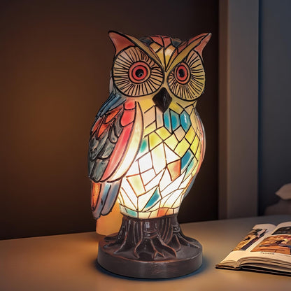 Tiffany Style Owl Table Lamps - Hand-Drawn Vintage Resin Colorful Tiffany Owl Lamp for Bedroom Living Room Nursery Office, Whimsical Animal Desk Lamp, Unique Gift for Mom.