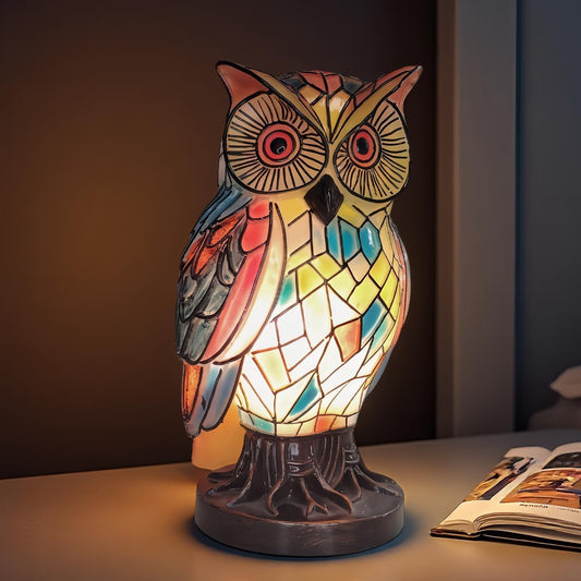 Tiffany Style Owl Table Lamps - Hand-Drawn Vintage Resin Colorful Tiffany Owl Lamp for Bedroom Living Room Nursery Office, Whimsical Animal Desk Lamp, Unique Gift for Mom.