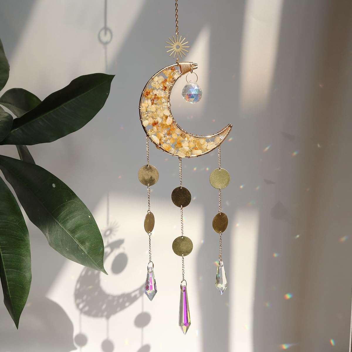 Moon Suncatcher Hanging Decor, Boho Chic Citrine Crystal Sun Catcher, Spritual Sun Light Catcher for Windows, Crescent Moon Housewarming Gift (Citrine)