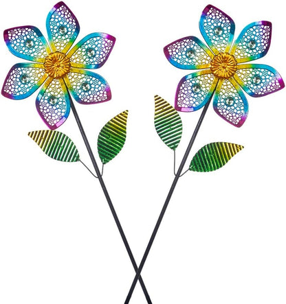 Wind Spinner with Metal Stake, Outdoor Garden Pinwheels Spinners Hollow-Out Flower Shape Design for Yard Lawn Patio Decor (2 Pack)