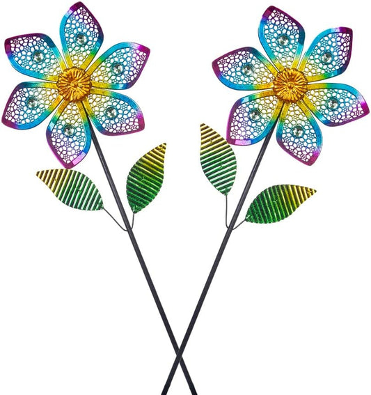 Wind Spinner with Metal Stake, Outdoor Garden Pinwheels Spinners Hollow-Out Flower Shape Design for Yard Lawn Patio Decor (2 Pack)