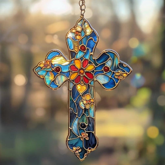 Christianity Cross Acrylic Suncatcher Stained Glass Effect Window Car Hanging Ornament Indoor
