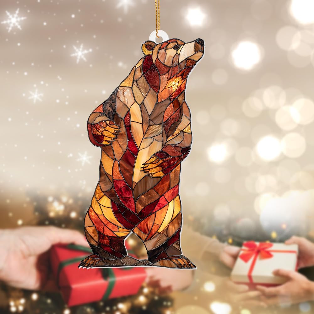 Stained Glass Acrylic Bear Ornament 2025 – Handcrafted Wildlife Christmas Tree Decoration, Rustic Lodge Cabin Décor, Window Hanging Suncatcher Gift for Nature & Animal Lovers (Sun-02)