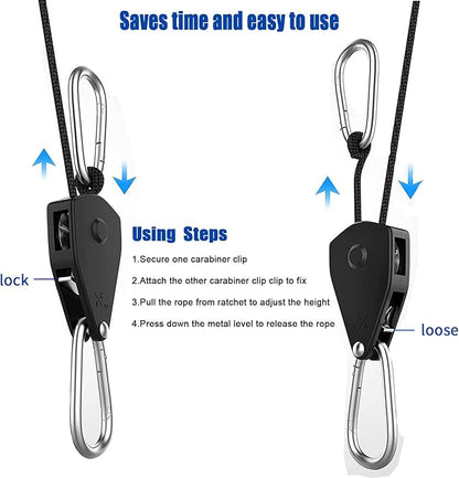 Grow Light Rope Hanger ，1/8" 8-Feet Long Heavy Duty Adjustable Rope Clip Hanger, Adjustable Rope Ratchet Hangers 150 Lbs per Pair (12 Pairs)