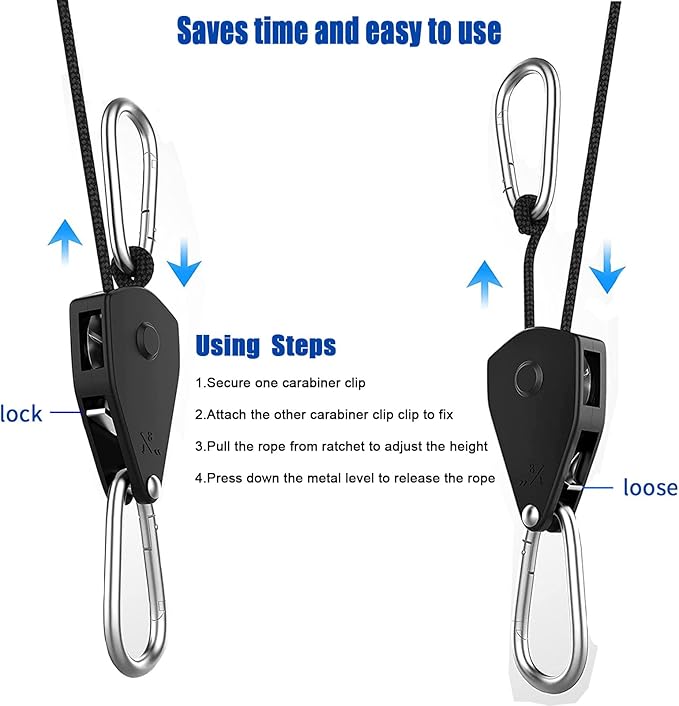Grow Light Rope Hanger 3Pairs，1/8" 8-Feet Long Heavy Duty Adjustable Rope Clip Hanger, Adjustable Rope Ratchet Hangers 150 Lbs per Pair with Stainless Steel 2.5" S Hook