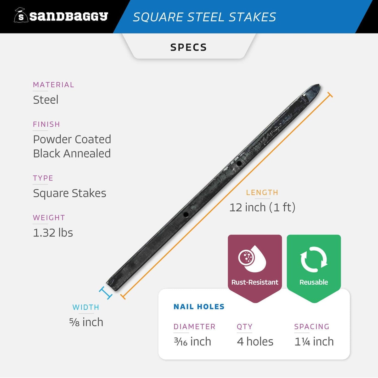 Sandbaggy Square Steel Concrete Form Stakes with Nail Holes - 5/8" Wide - Rust Resistant Coating - Removable, Reusable - Construction Grade Stakes (12 inch, 200)