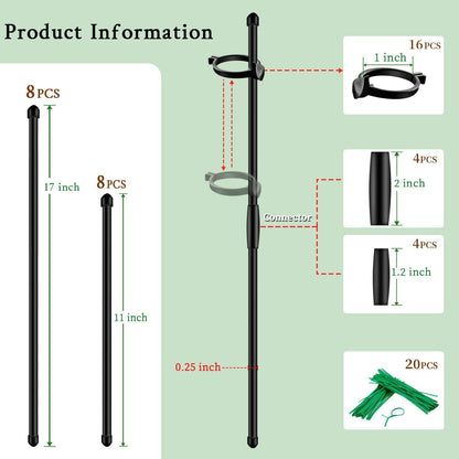 Plant Stakes 17inch &11inch SupKing Adjustable Length Plant Support Stake 16Pcs Black Orchid Stick with Clips for Indoor Outdoor,Garden Pole for Potted Tomato Amaryllis Vegetables with 20 Ties